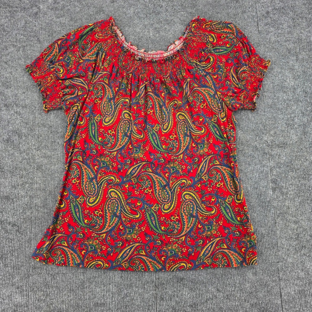 Lauren Ralph Lauren Red Paisley Smocked Cotton Short Sleeve Top Large